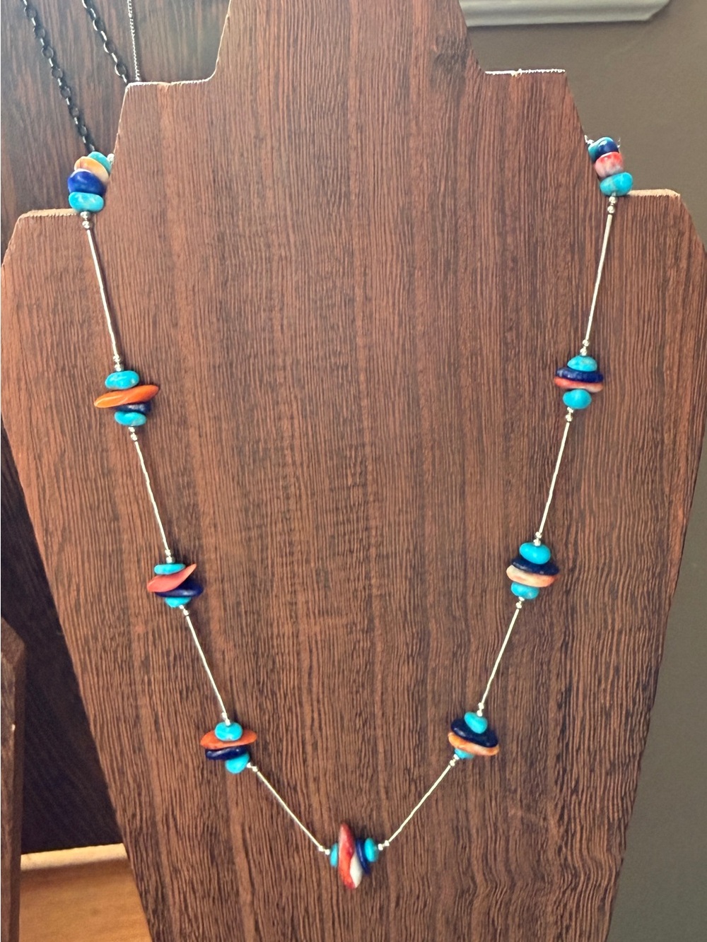 Sterling Silver Turquoise, Lapis and Red Spiny Necklace